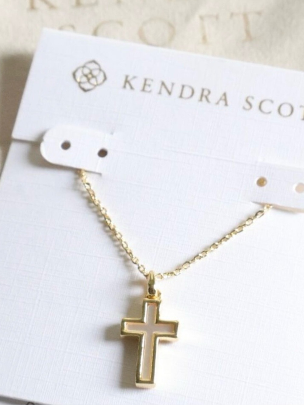 Brand New With Tags- Kendra Scott Gold Cross Necklace with White Opal Inlay